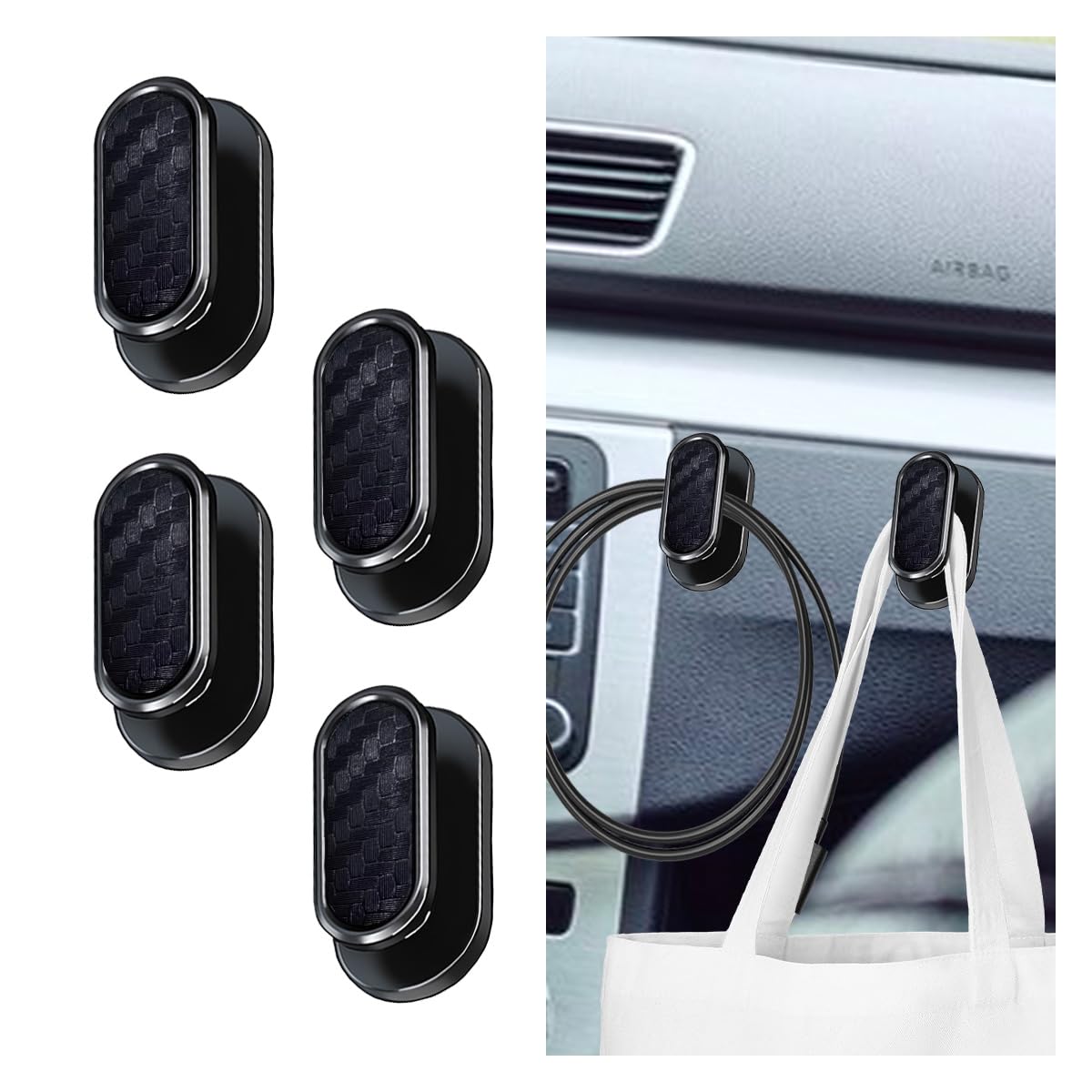 KITUREK Car Mini Hooks, Self-Adhesive Backseat Hangers, 4PCS, Carbon Fiber