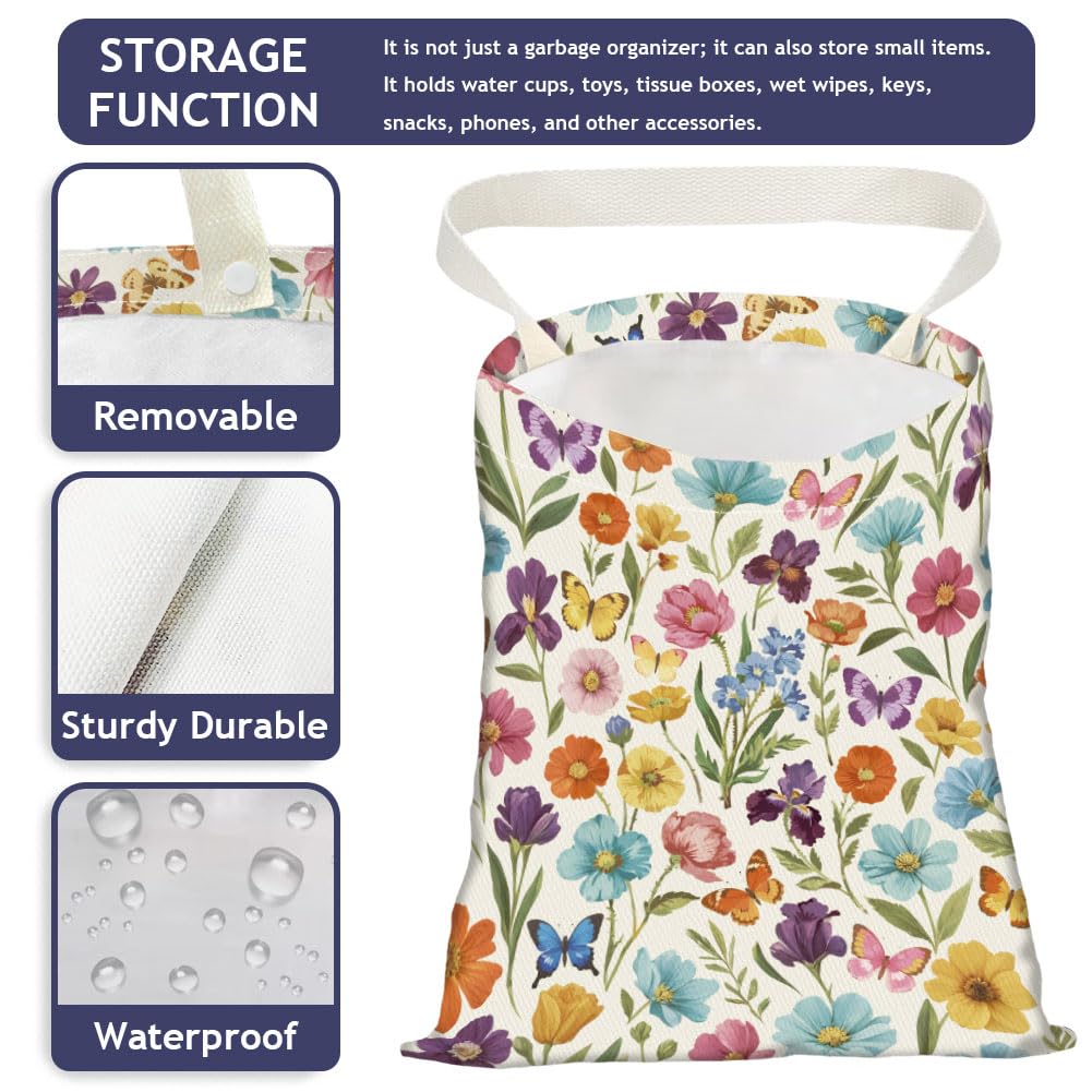 Retro Wildflower Butterfly Print Car Trash Bag Portable Waterproof Hanging Garbage Bag with Snap Buttons Back Seat Rubbish Storage Dustbin for Car Interior Accessories Kitchen Home Travel
