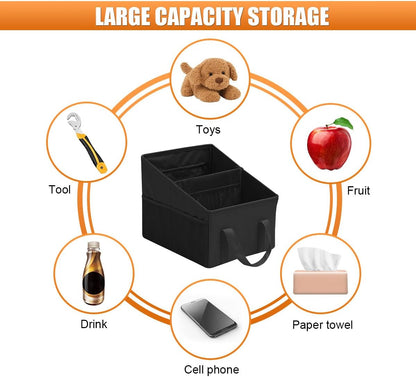 Craedli Car Seat Organizer, Collapsible Trunk Organizer Backseat Car Storage Box with 2 Compartments and Multiple Pockets, Passenger Seat Organizer with Handles for Front/Back Consoles (Black)