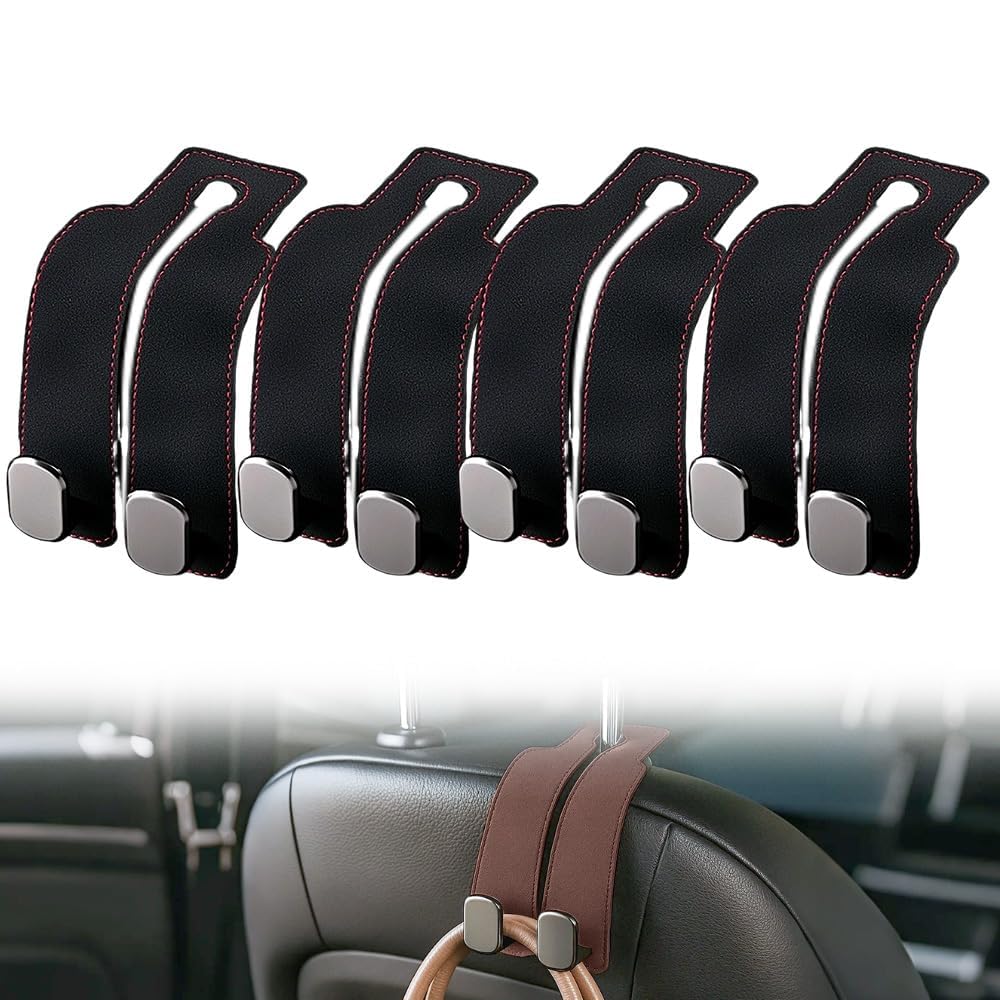 2026 New Car Seat Headrest Hooks for Purses and Bags - Support Car Headrest Hooks for Purses and Bags Coat, Leather Car Bag Purse Holder with Double Hooks (Brown-2PC)