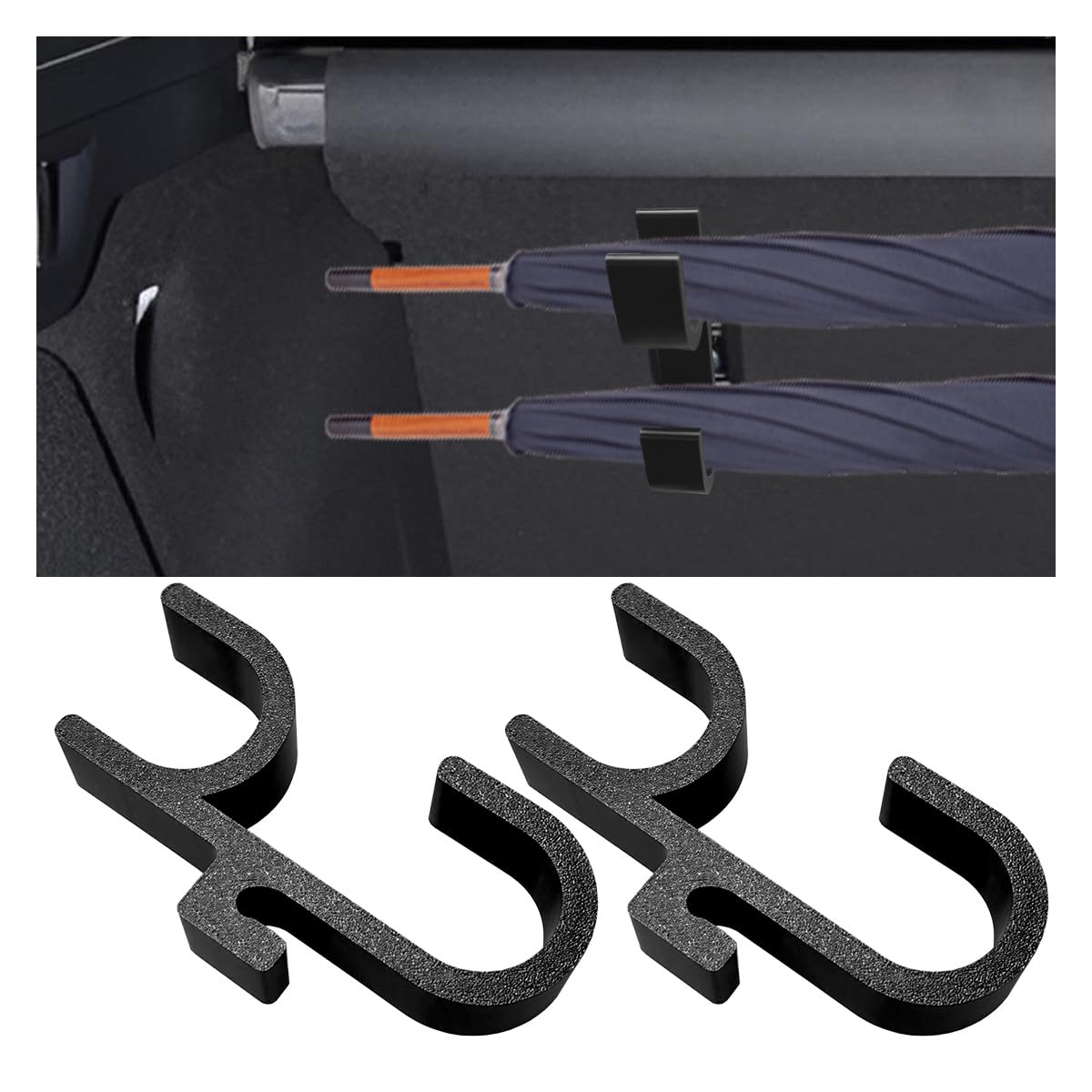 2PCS Car Umbrella Hook, No Drilling Multifunctional Plastic Auto Trunk Umbrella Holder, Universal Double Hook Vehicle Interior Seat Organizer Accessories for Car, SUV(Black Single)