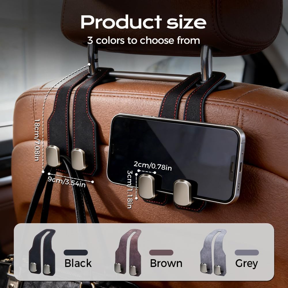 Fauppt Headrest Hooks for Car Car Seat Hooks for Headrest,2026 Hooks for Purses and Bags Cute Car Purse Holder,Twinhook Leather Car Headrest Hangers Seat Back Organizers for Travel (Black*2)