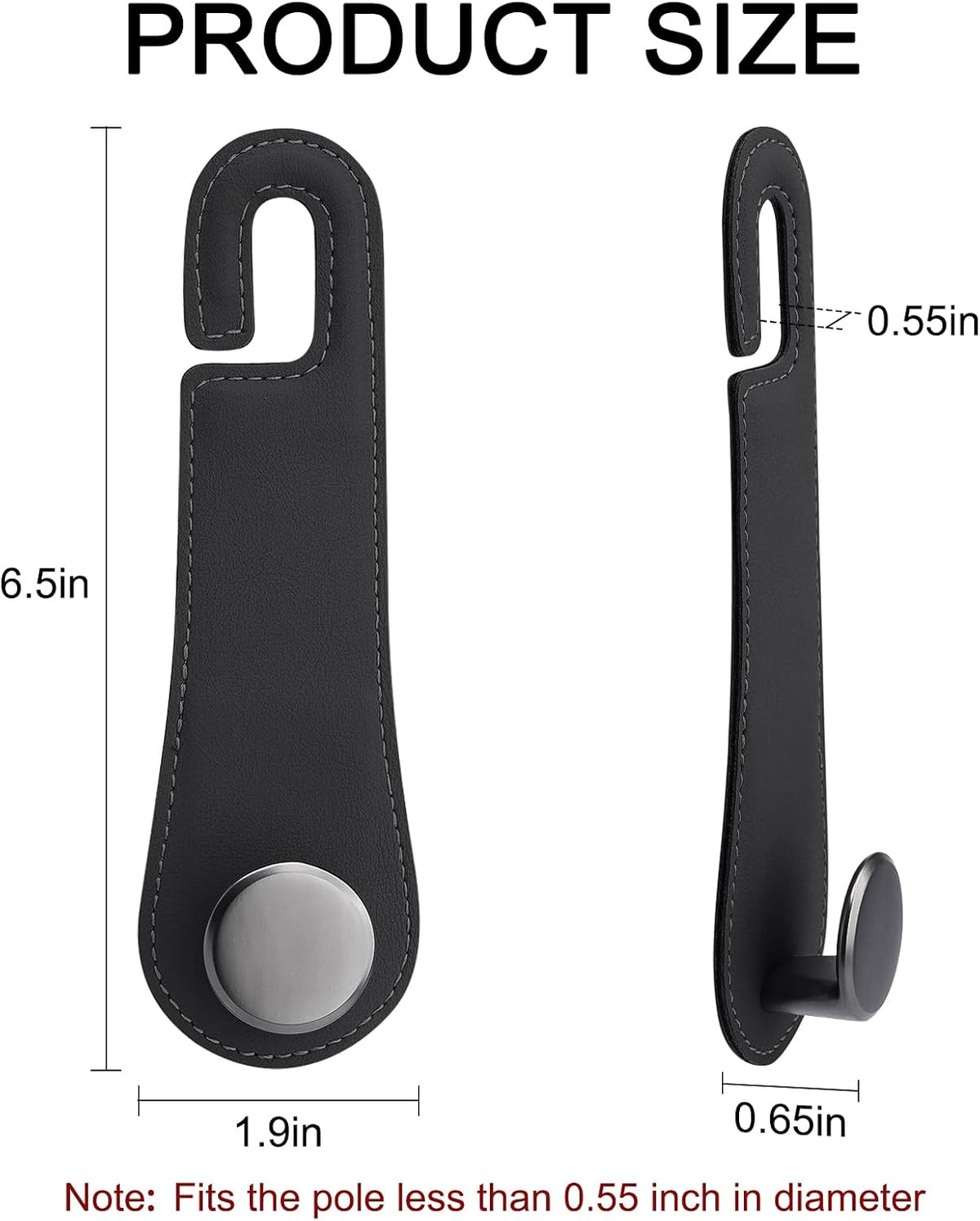 2 Pack Car Headrest Hooks Leather & Alloy Car Seat Storage Hangers, Black