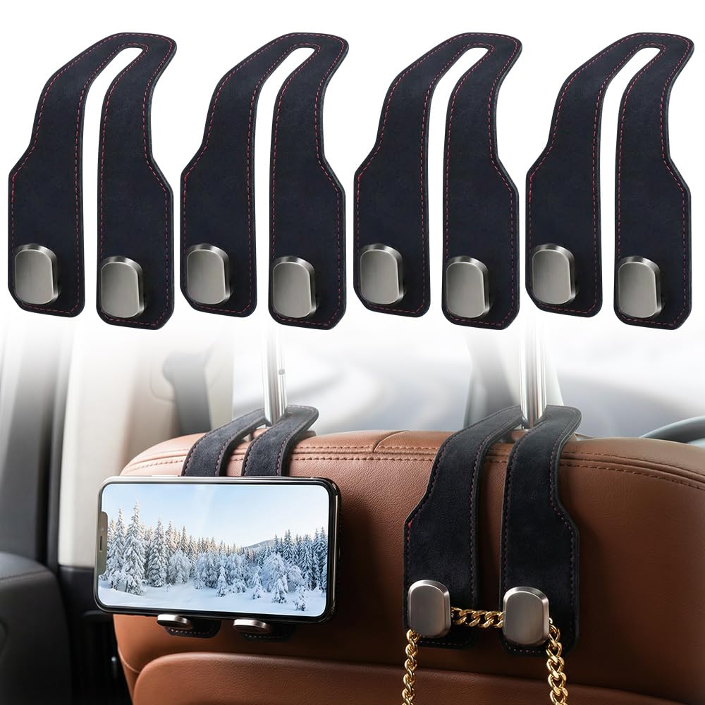 Fauppt Headrest Hooks for Car Car Seat Hooks for Headrest,2026 Hooks for Purses and Bags Cute Car Purse Holder,Twinhook Leather Car Headrest Hangers Seat Back Organizers for Travel (Black*2)