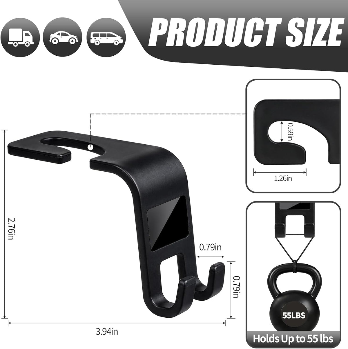 ZSDY Car Seat Headrest Hooks Heavy Duty Vehicle Back Seat Storage Organizer Hanger for Purse Grocery Bags Coat Universal Car Interior Accessories 2 Pack, Black