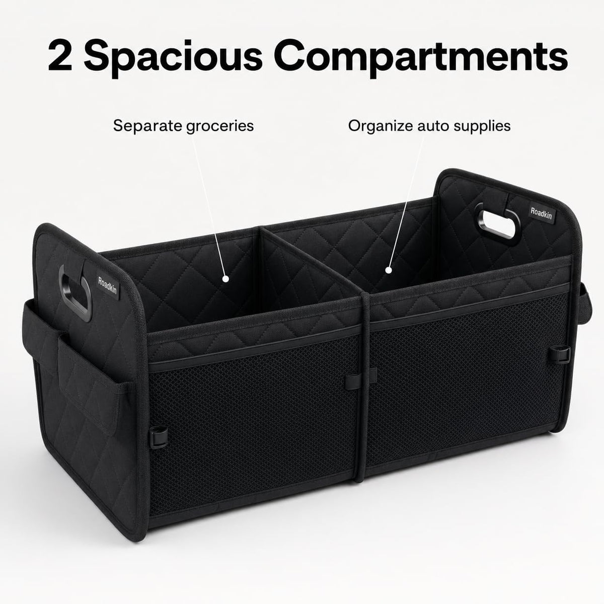 Car Organizer Caddy Oxford Quilted Trunk Organizer, Waterproof Storage Tote with Handles for Front Seat, Backseat, SUV, Truck, Van, Black