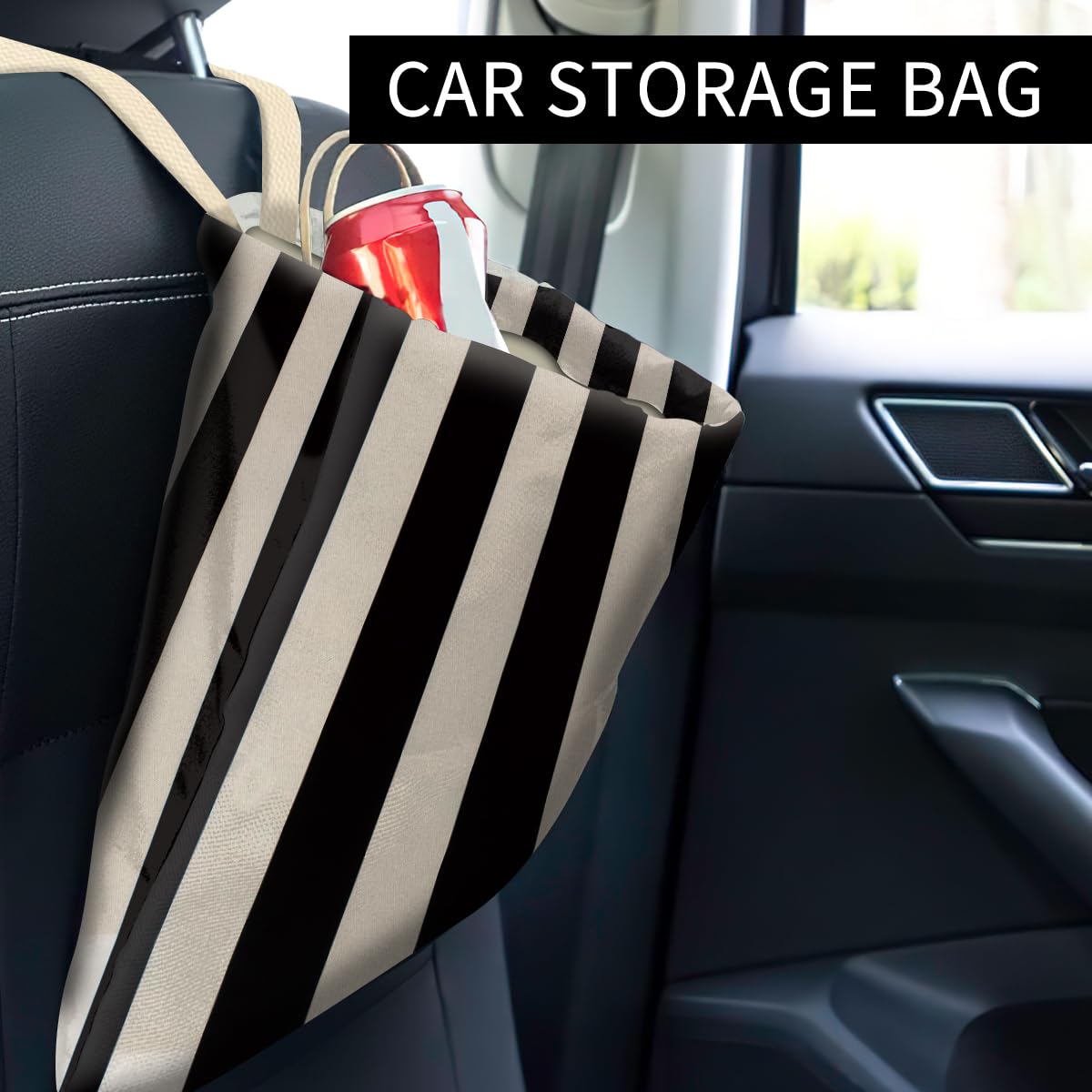 Car Trash Can, Cute Car Trash Bag, Hanging Car Organizer and Storage Bag, Trash Bin for Car Accessories, Vehicle, Travelling, Camping Black White Stripes