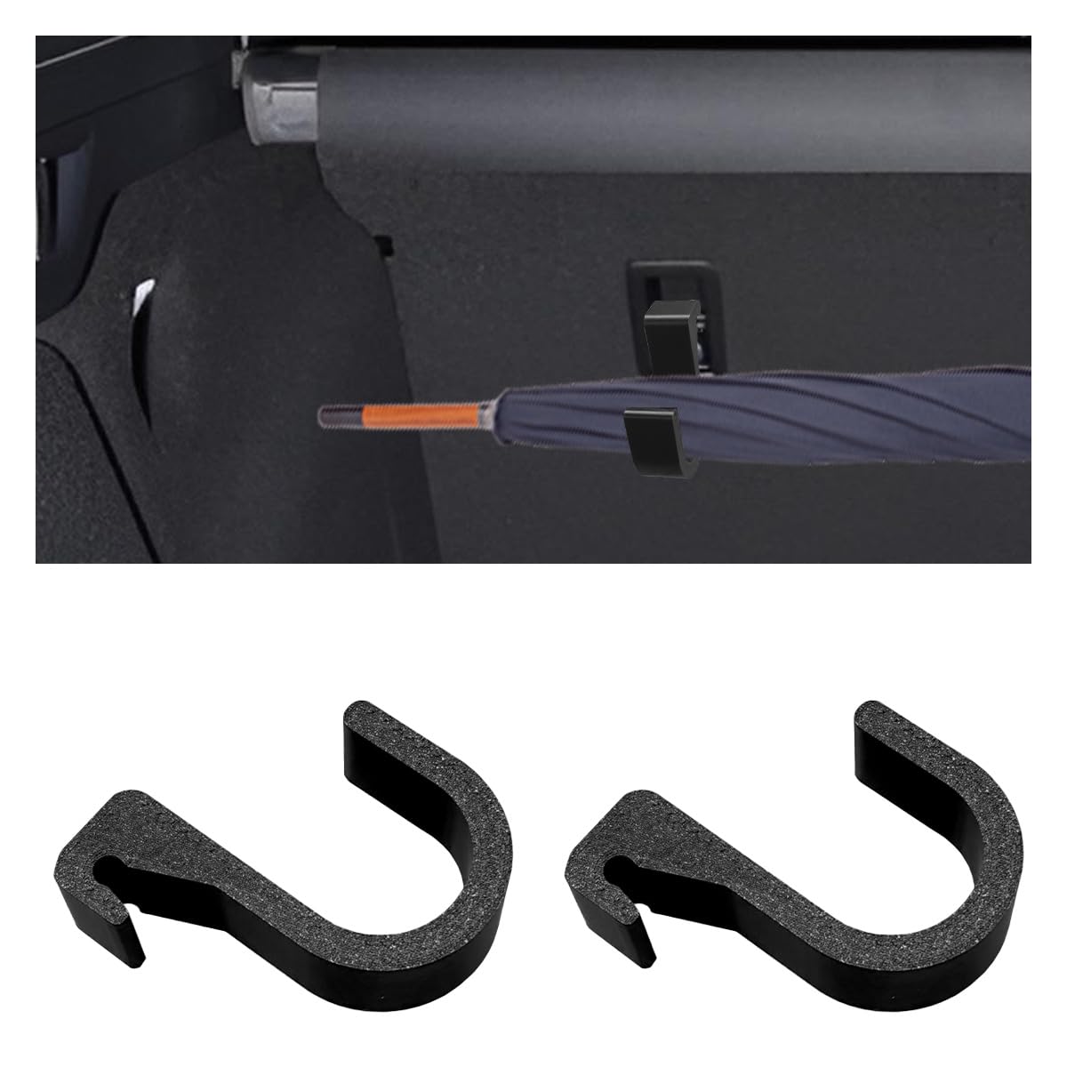 2PCS Car Umbrella Hook, No Drilling Multifunctional Plastic Auto Trunk Umbrella Holder, Universal Double Hook Vehicle Interior Seat Organizer Accessories for Car, SUV(Black Single)