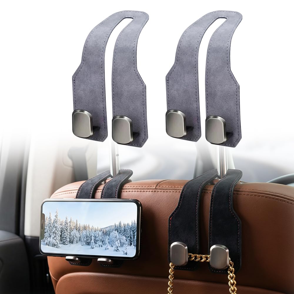 Fauppt Headrest Hooks for Car Car Seat Hooks for Headrest,2026 Hooks for Purses and Bags Cute Car Purse Holder,Twinhook Leather Car Headrest Hangers Seat Back Organizers for Travel (Black*2)