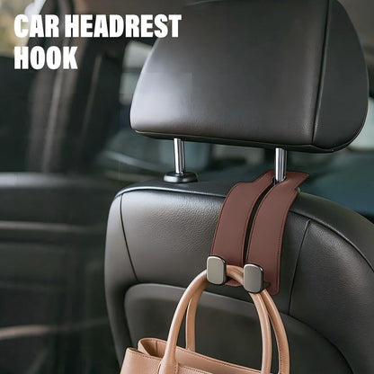 2026 New Car Seat Headrest Hooks for Purses and Bags - Support Car Headrest Hooks for Purses and Bags Coat, Leather Car Bag Purse Holder with Double Hooks (Brown-2PC)