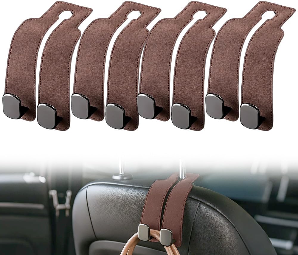 2026 New Car Seat Headrest Hooks for Purses and Bags - Support Car Headrest Hooks for Purses and Bags Coat, Leather Car Bag Purse Holder with Double Hooks (Brown-2PC)