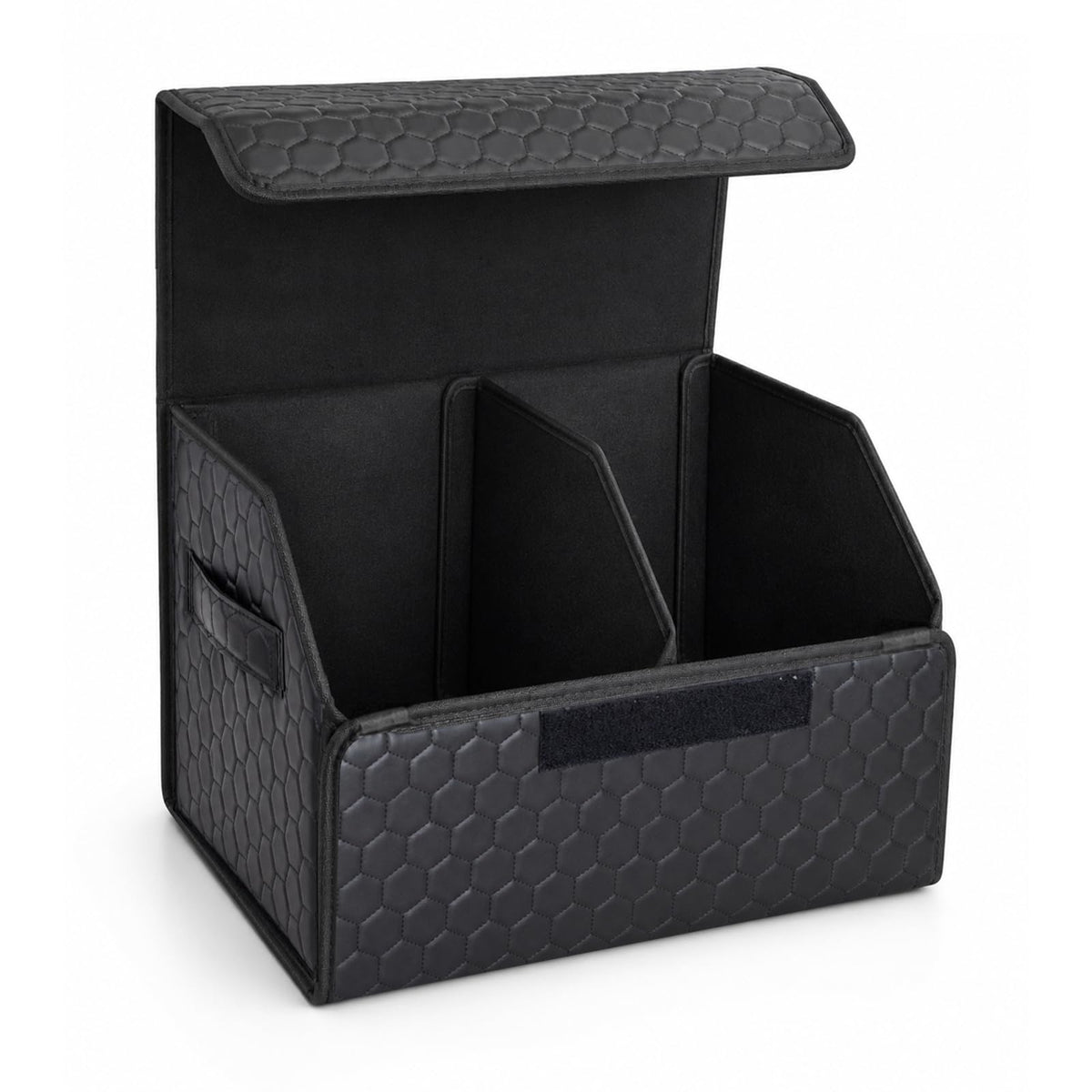 Leather Car Trunk Organizer with Lid,45L Foldable Storage Box for Universal Cars, SUVs, Sedans and MPVs, Removable Divider, Carry Handles, Black