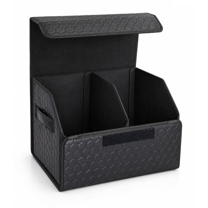 Leather Car Trunk Organizer with Lid,45L Foldable Storage Box for Universal Cars, SUVs, Sedans and MPVs, Removable Divider, Carry Handles, Black