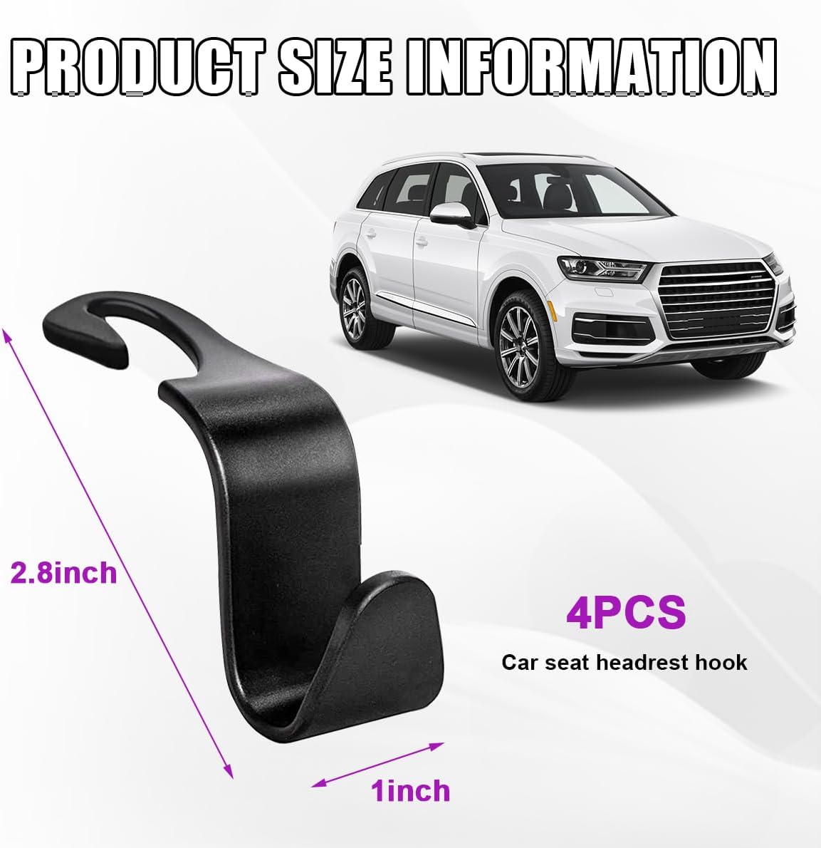 povtii 4 PCS Car Seat Headrest Hooks, Auto Backseat Organizer Hanger Holder, Vehicle Seat Back Storage Hooks for Purse Coat Umbrella Grocery Bag Handbag, Interior Car Accessories (Black)