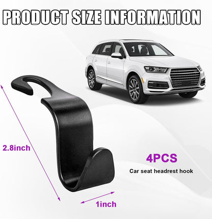 povtii 4 PCS Car Seat Headrest Hooks, Auto Backseat Organizer Hanger Holder, Vehicle Seat Back Storage Hooks for Purse Coat Umbrella Grocery Bag Handbag, Interior Car Accessories (Black)