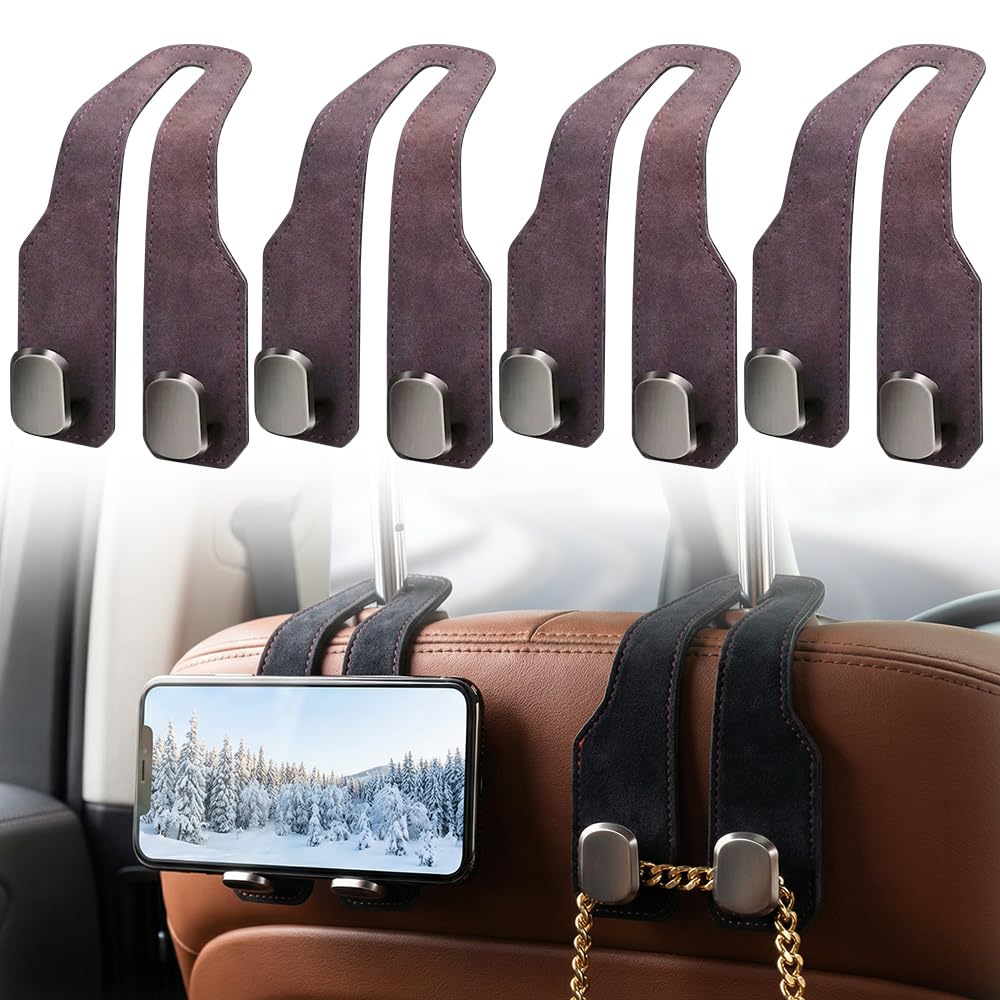 Fauppt Headrest Hooks for Car Car Seat Hooks for Headrest,2026 Hooks for Purses and Bags Cute Car Purse Holder,Twinhook Leather Car Headrest Hangers Seat Back Organizers for Travel (Black*2)