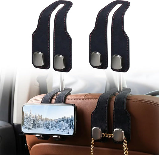 Fauppt Headrest Hooks for Car Car Seat Hooks for Headrest,2026 Hooks for Purses and Bags Cute Car Purse Holder,Twinhook Leather Car Headrest Hangers Seat Back Organizers for Travel (Black*2)