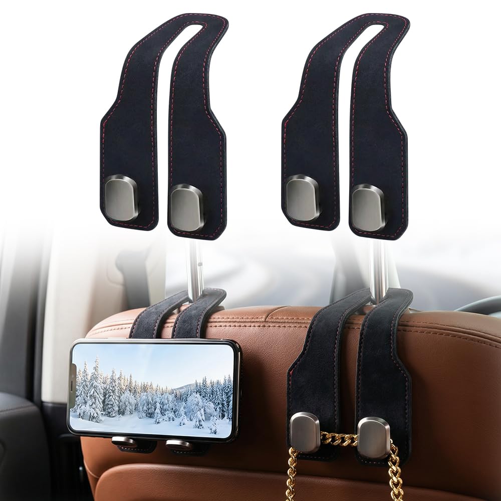 Fauppt Headrest Hooks for Car Car Seat Hooks for Headrest,2026 Hooks for Purses and Bags Cute Car Purse Holder,Twinhook Leather Car Headrest Hangers Seat Back Organizers for Travel (Black*2)