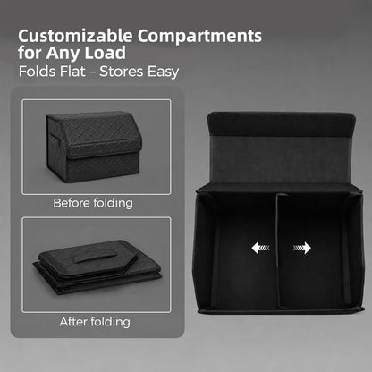 Leather Car Trunk Organizer with Lid,45L Foldable Storage Box for Universal Cars, SUVs, Sedans and MPVs, Removable Divider, Carry Handles, Black