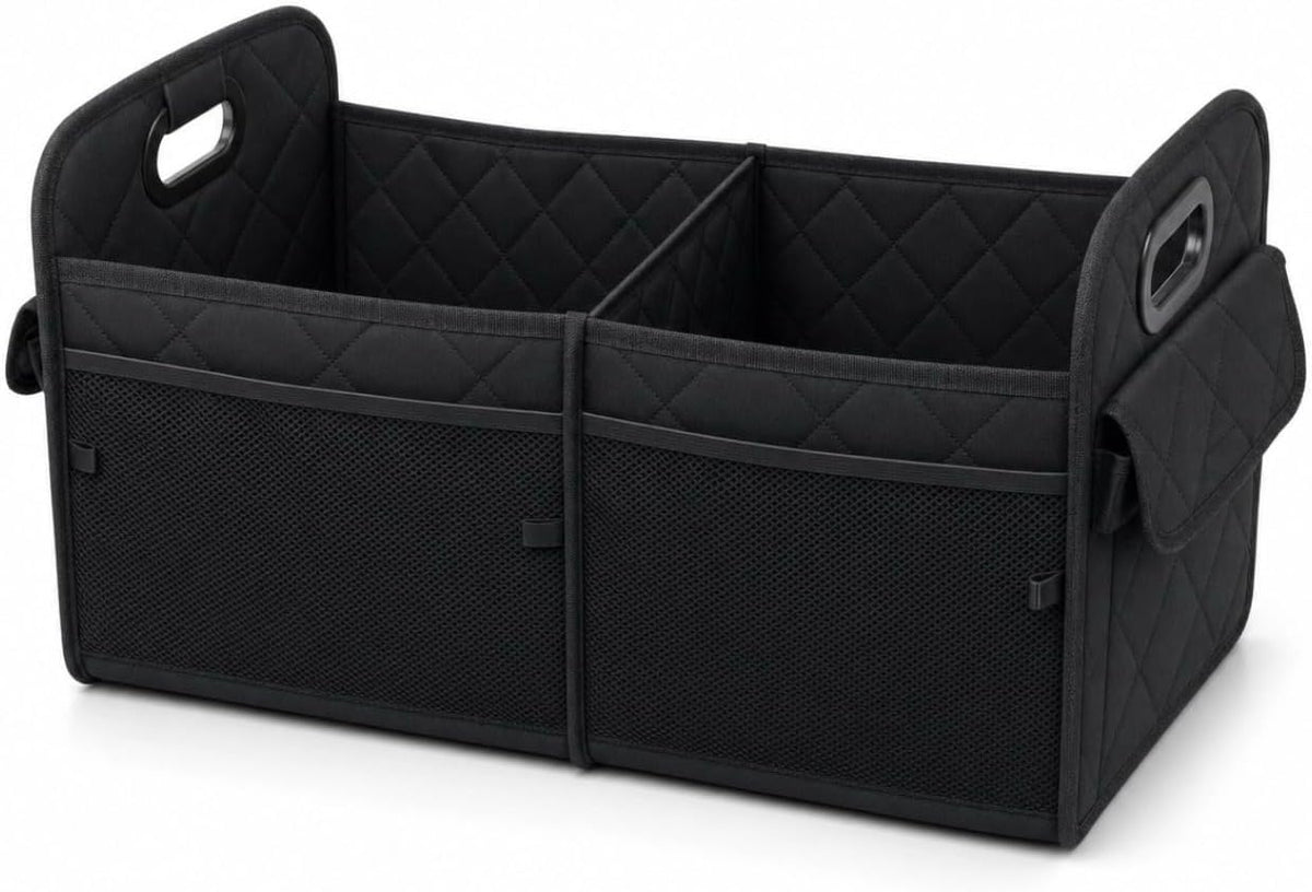 Car Organizer Caddy Oxford Quilted Trunk Organizer, Waterproof Storage Tote with Handles for Front Seat, Backseat, SUV, Truck, Van, Black