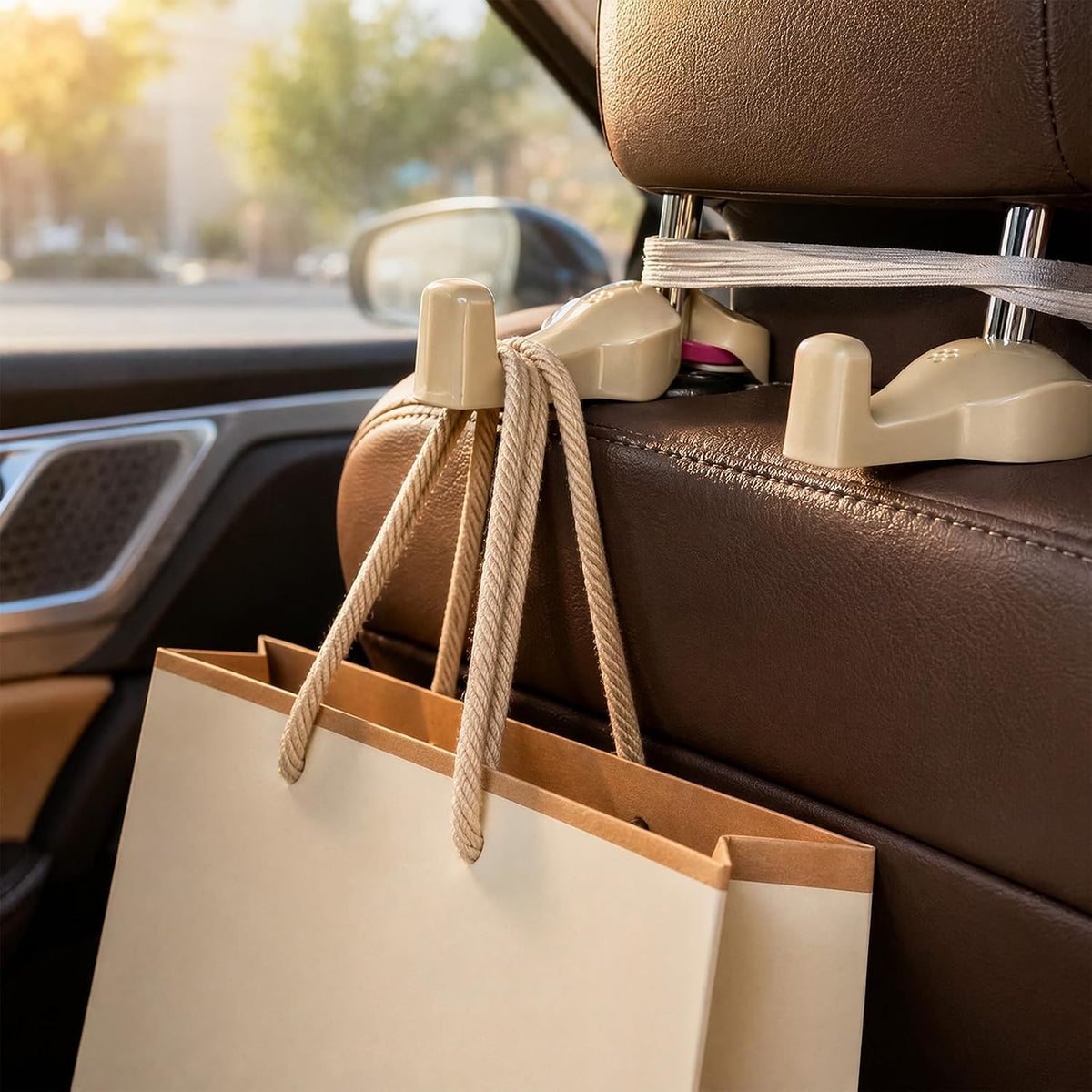 2 PCS Car Back Seat Headrest Hanger, Compact Auto Seat Head Rest Storage Organizer Hanger for Bag Purse Cloth, Universal Headrest Hidden Holder Hook for Most Vehicles (Beige)