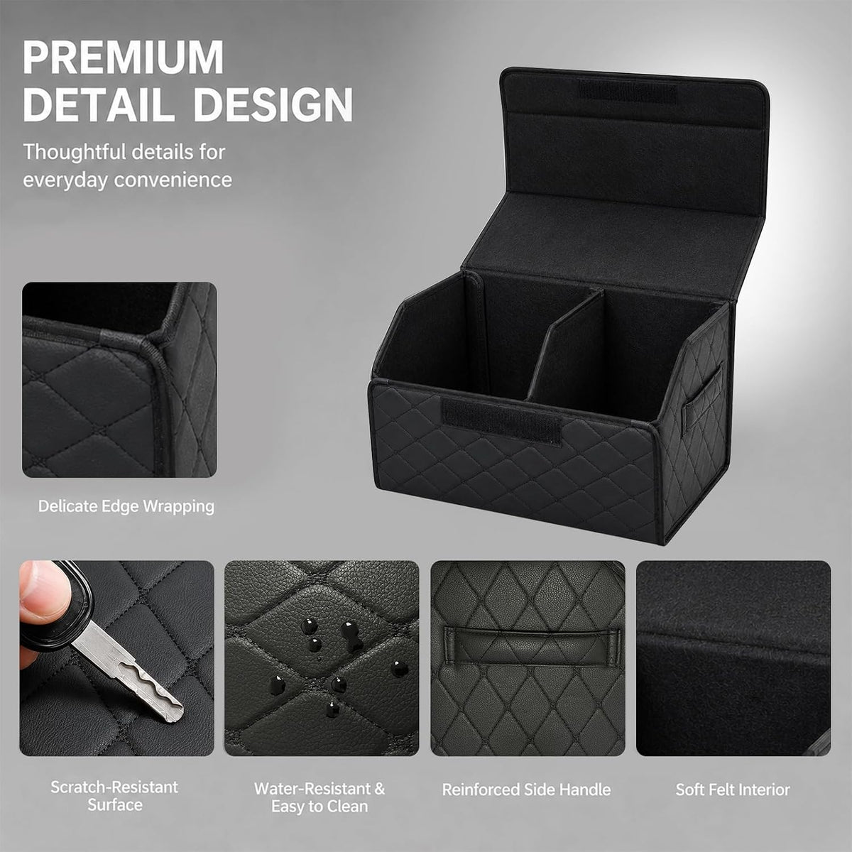 Leather Car Trunk Organizer with Lid,45L Foldable Storage Box for Universal Cars, SUVs, Sedans and MPVs, Removable Divider, Carry Handles, Black