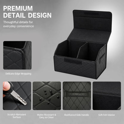 Leather Car Trunk Organizer with Lid,45L Foldable Storage Box for Universal Cars, SUVs, Sedans and MPVs, Removable Divider, Carry Handles, Black
