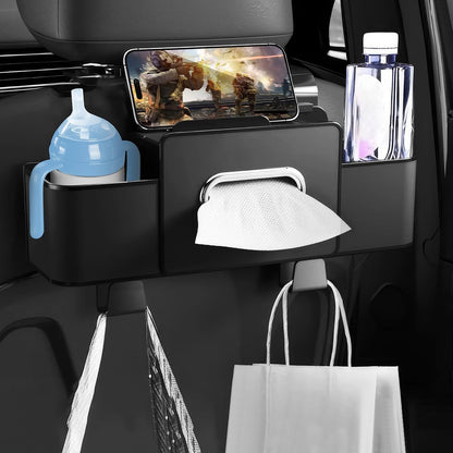 Car Back Seat Organizer with 1 Pack of 80 Tissues, Car Seat Back Tissue Box, and Storage Hook, Multi-Functional Organizer for Phone, Drinks, Handbag, Garbage Bags, Fits Most Car Models