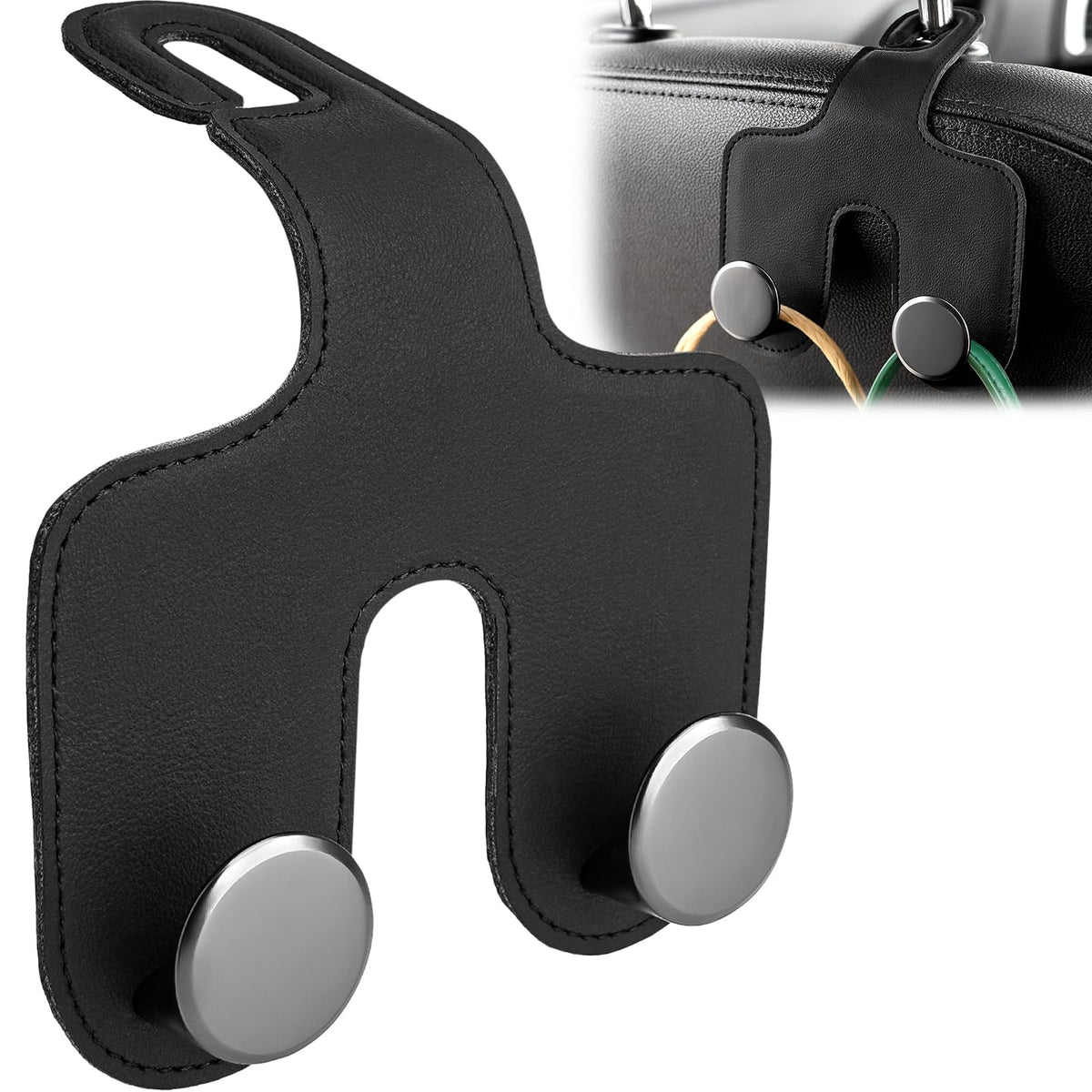 2 Pack Car Headrest Hooks Leather & Alloy Car Seat Storage Hangers, Black