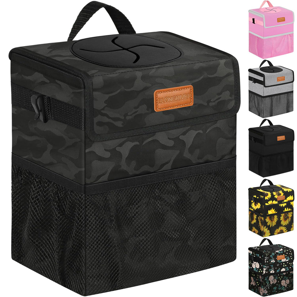 ELONGRIVER Leak Proof Car Trash Can with Lid Black