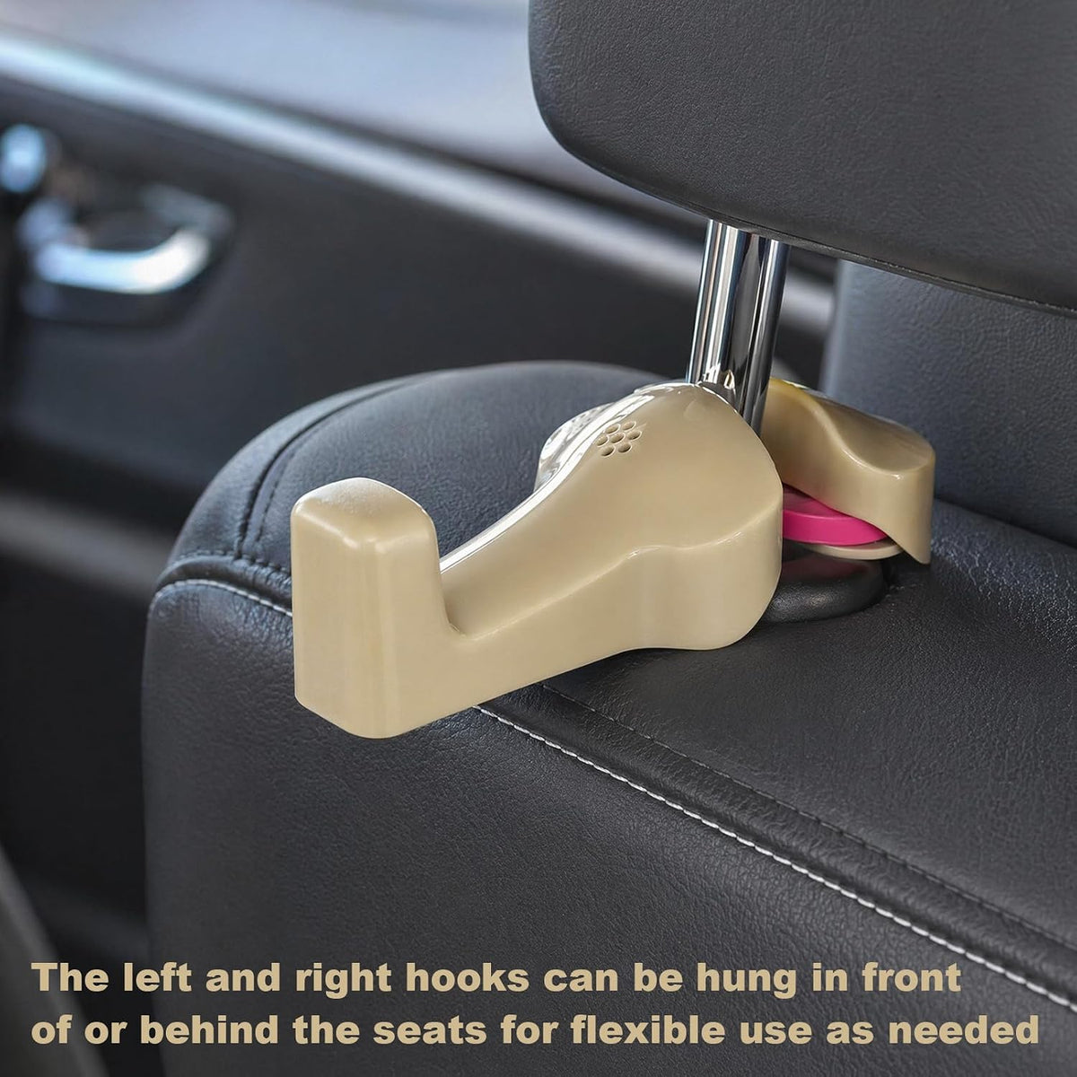 2 PCS Car Back Seat Headrest Hanger, Compact Auto Seat Head Rest Storage Organizer Hanger for Bag Purse Cloth, Universal Headrest Hidden Holder Hook for Most Vehicles (Beige)