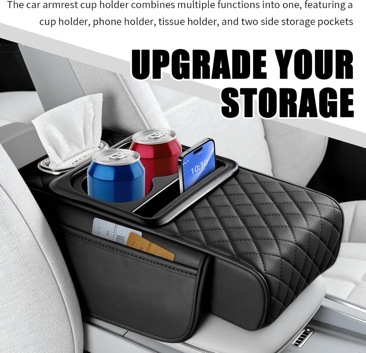 5-in-1 Car Center Console Cover,Leather Car Armrest Cover with Cup Holder/Storage Pocket/Phone Holder/Cars Tissue Holders,Thickened Cars Armrest Storage Box for Relieving Elbow Fatigue (Black)