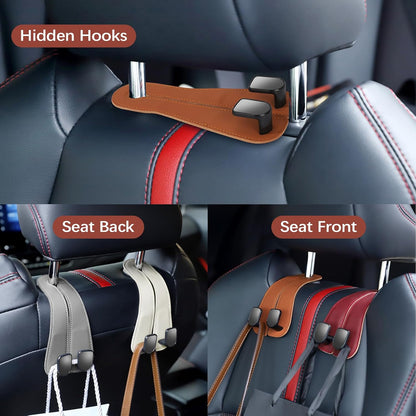 2025 Automotive Seat Back Hooks,Leather Car Seat Hooks,Dual Headrest Organizer Hangers for Purses, Bags & Phones, 2 in 1 Car Headrest Hidden Hook for Tidy Organization,Pack of 2(Ivory White)