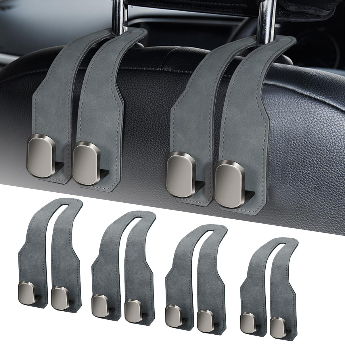 Car Purse Hook, Car Seat Headrest Hooks, Black Leather 2 Pack