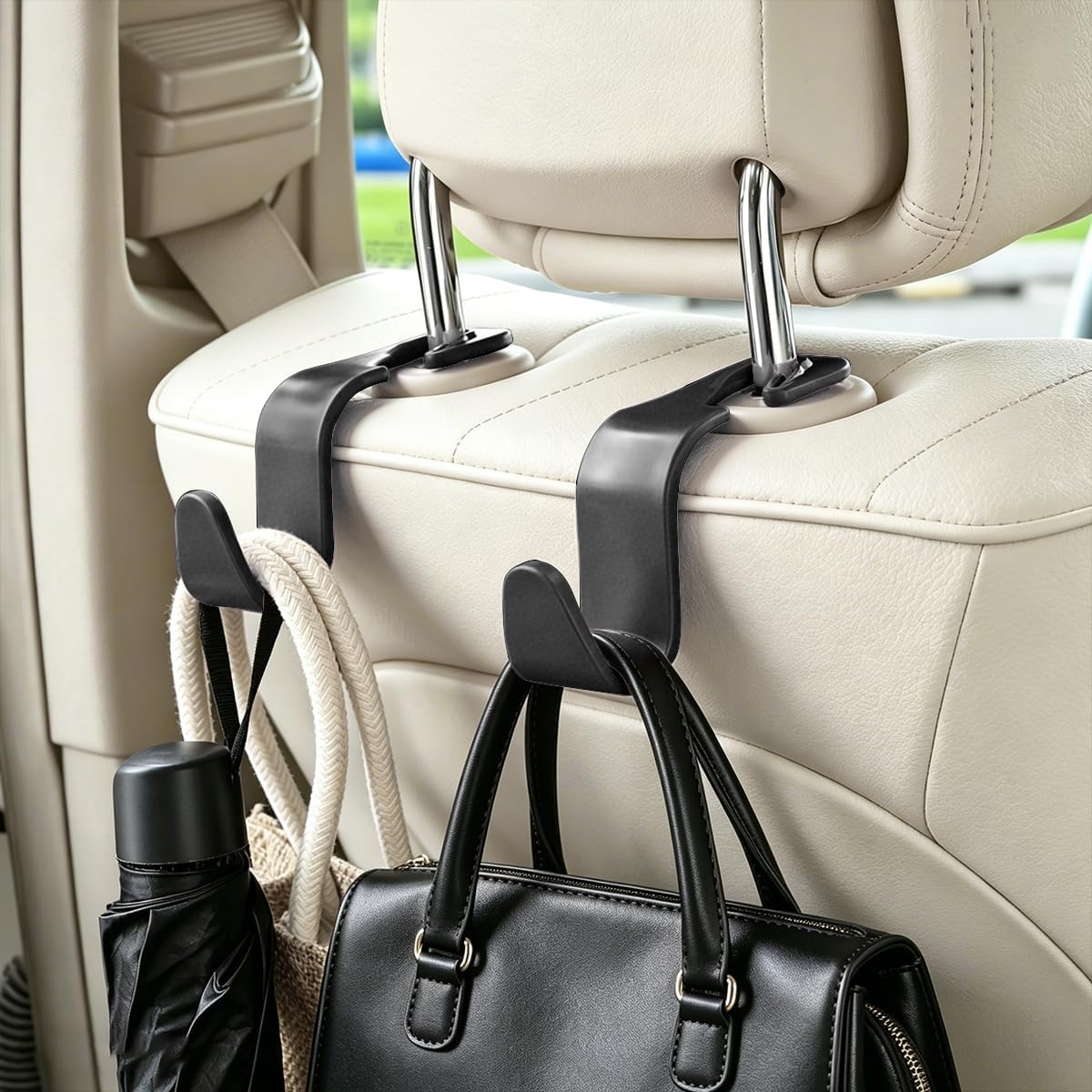 4PCS Car Seat Headrest Hooks, Vehicle Back Seat Organizer Hanger Holder for Purses Grocery Bags, Automotive Interior Headrest Storage Hook, Universal for SUV RV Truck (Black)