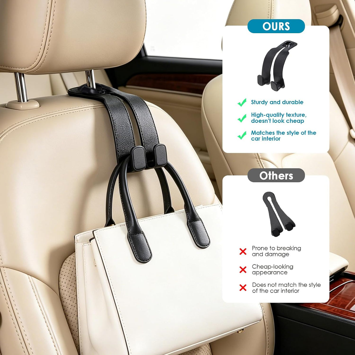 TENOC Car Seat Headrest Hooks, Multifunctional Leather Car Seat Back Organizer Hooks, Heavy Duty Car Interior Storage Accessories for Shopping Bags, Groceries, Clothes, Handbags