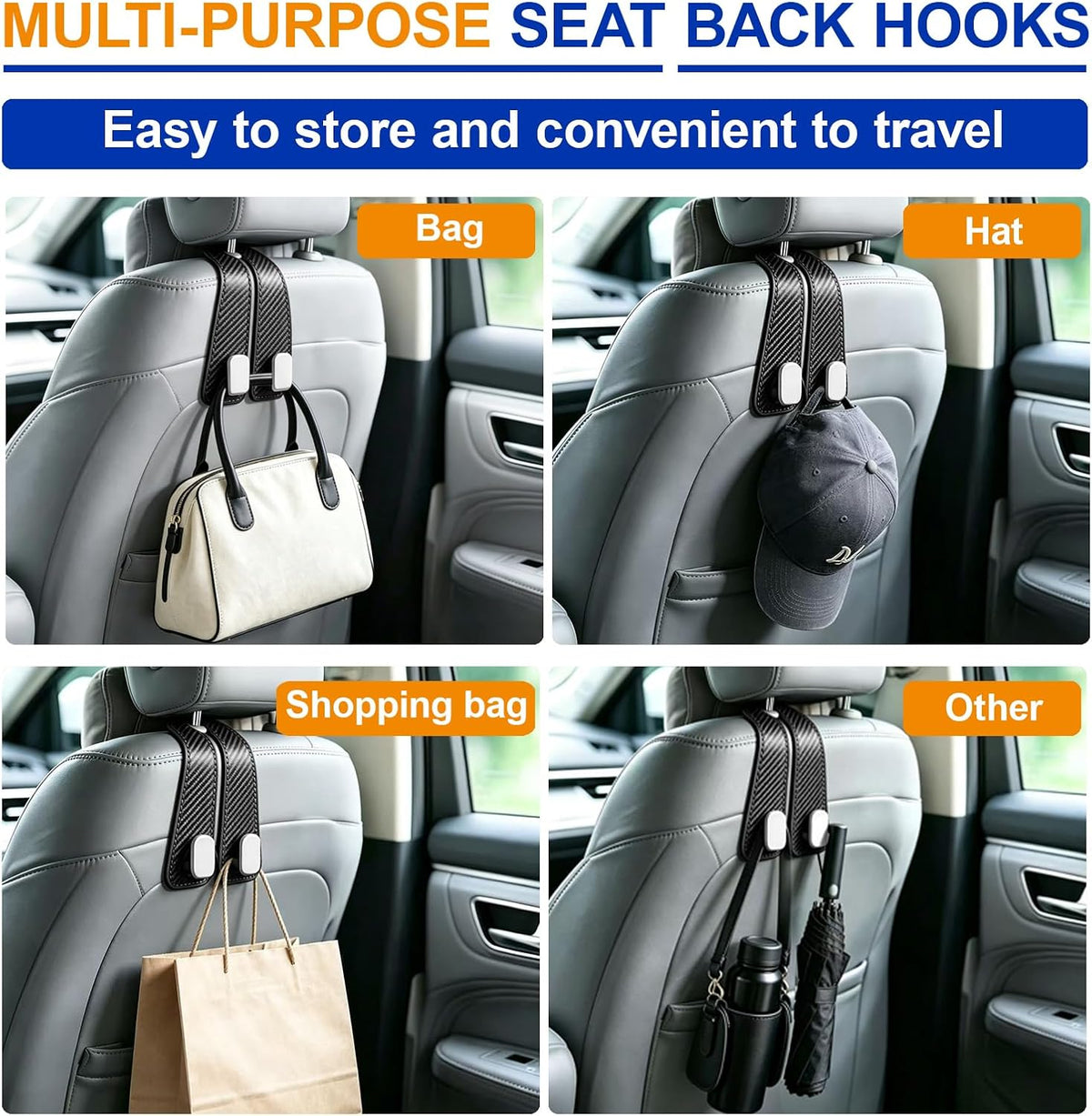Car Purse Hook, 4-Pack Leather Headrest Hooks for Car