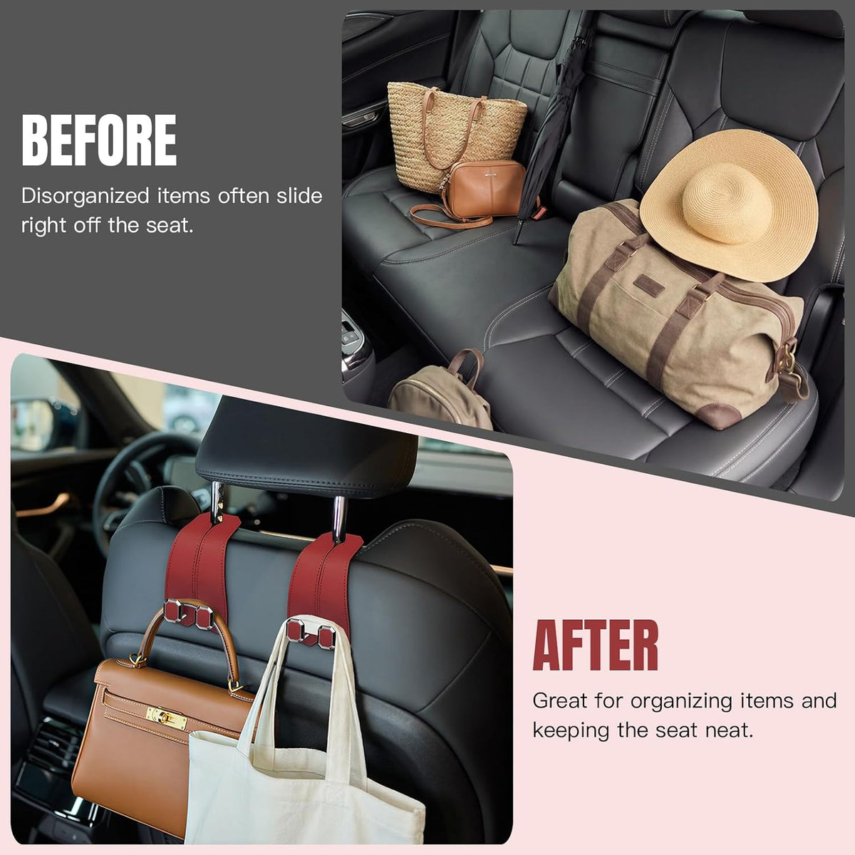 2PCS Car Hooks for Headrest, Faux Leather Purse Hook for Car Seat Back Organizers and Storage, Double Metal Purse Holder Bag Hanger, Universal Car Interior Accessories for Women Man