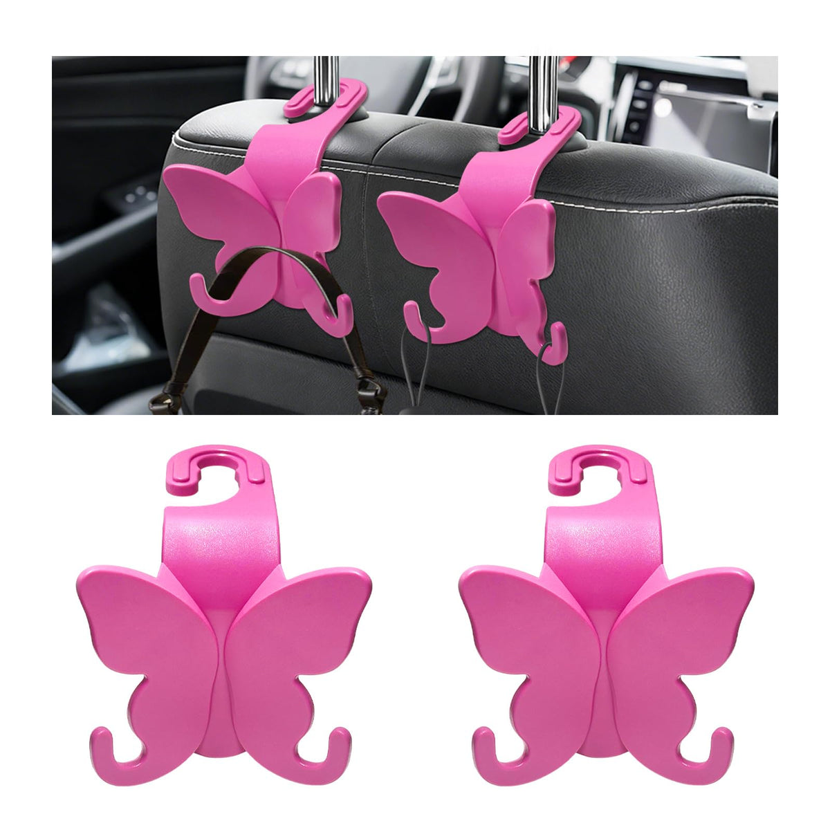 2 PCS Car Seat Headrest Hook, Butterfly Multipurpose Storage Hook Seat Back Purse Holder, Cute Butterfly Headrest Purse Hanger Interior Accessories for Car Truck SUV (Pink)