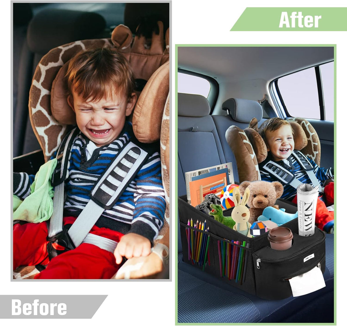 FUNNy elf Passenger Seat Organizer with Partitions & 4 Cup Holders