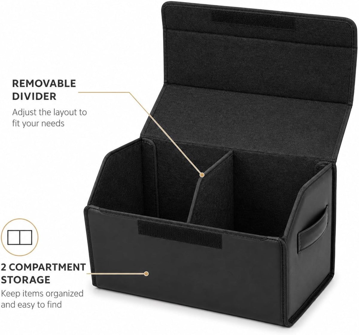 Car Trunk Organizer, Foldable Cargo Storage Box with Hook-and-Loop Lid, Suede & Faux Leather Trunk Organizer for SUV Sedan Truck, Adjustable Divider, Handles, Black, 19.7inches