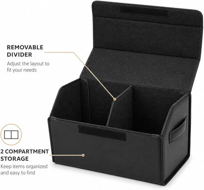 Car Trunk Organizer, Foldable Cargo Storage Box with Hook-and-Loop Lid, Suede & Faux Leather Trunk Organizer for SUV Sedan Truck, Adjustable Divider, Handles, Black, 19.7inches