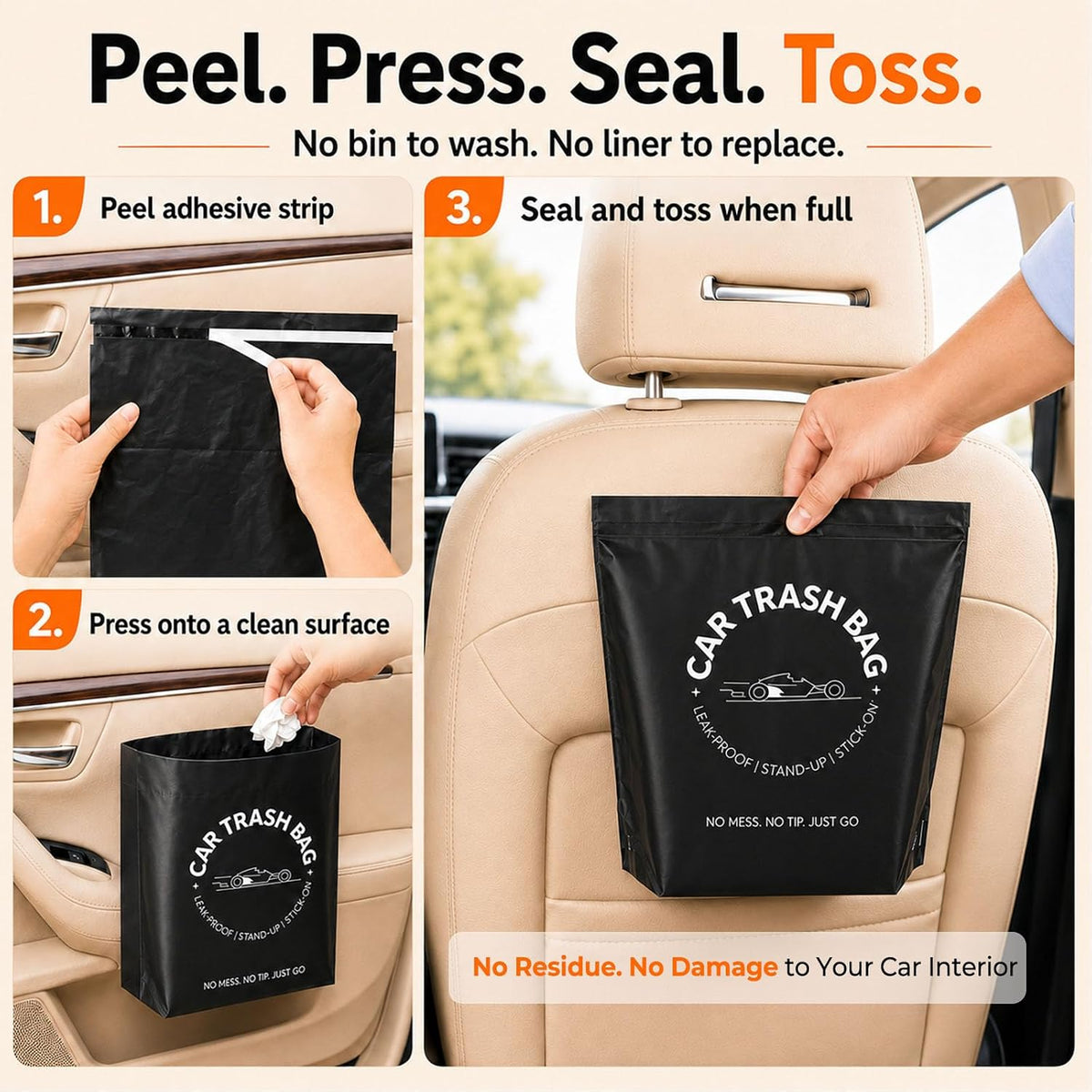 Disposable Car Trash Bags, Stand-Up & Stick-On Car Trash Can Alternative