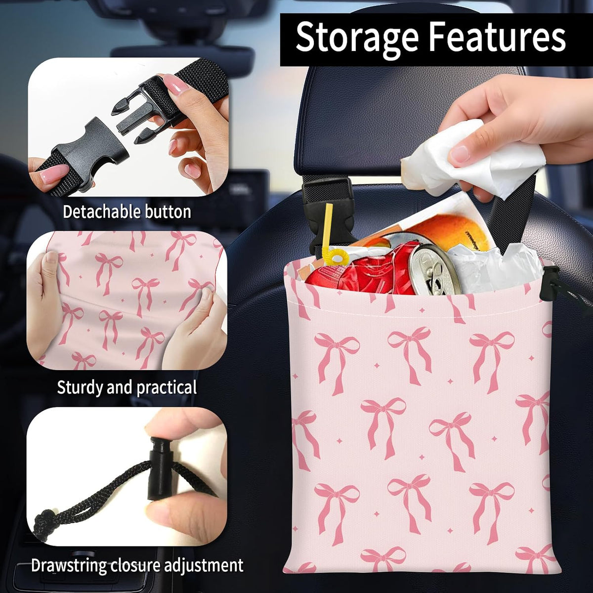 Car Trash Bag Large Hanging Can for Back of Seat, Cute Waterproof Car Garbage Bag for Vehicle, Travelling, Outdoor Cute Pink Bow