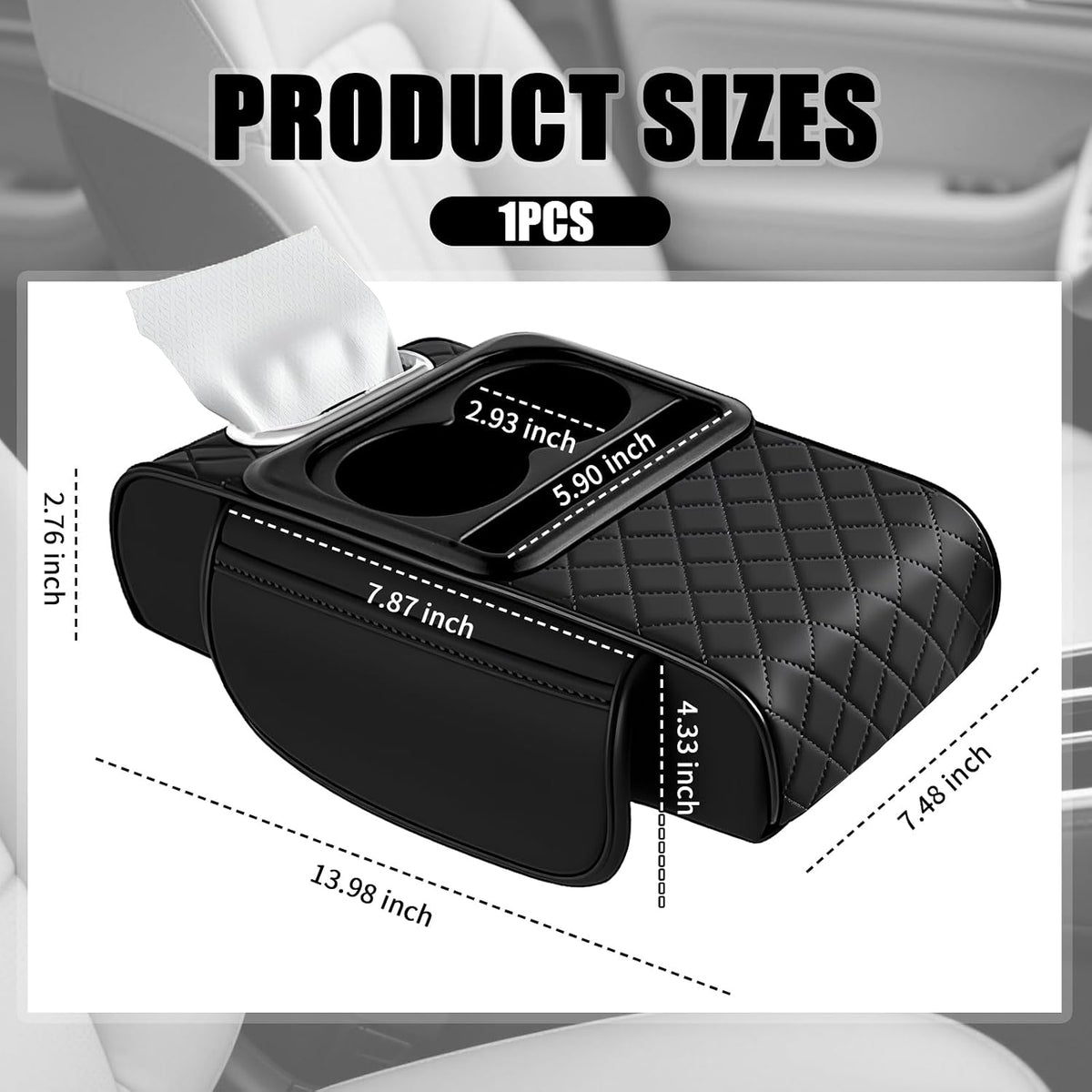 5-in-1 Car Center Console Cover,Leather Car Armrest Cover with Cup Holder/Storage Pocket/Phone Holder/Cars Tissue Holders,Thickened Cars Armrest Storage Box for Relieving Elbow Fatigue (Black)