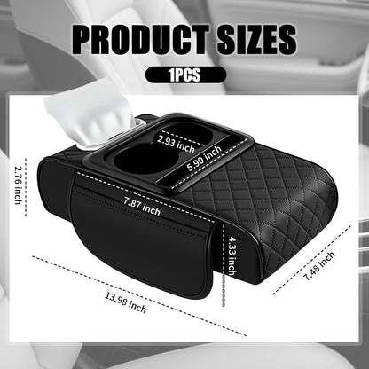 5-in-1 Car Center Console Cover,Leather Car Armrest Cover with Cup Holder/Storage Pocket/Phone Holder/Cars Tissue Holders,Thickened Cars Armrest Storage Box for Relieving Elbow Fatigue (Black)