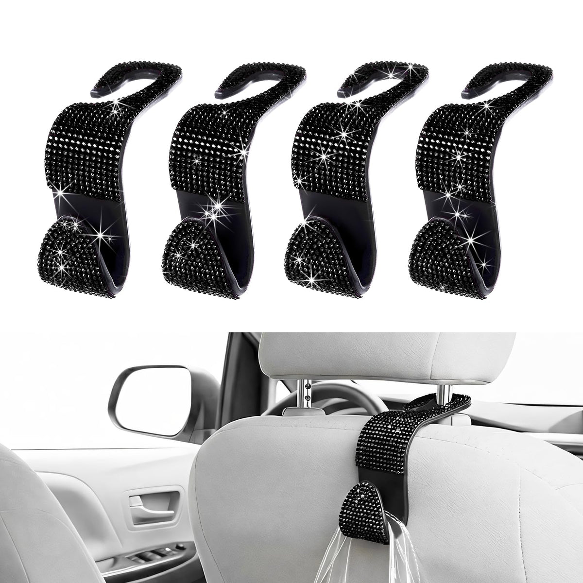 4 PCS Car Seat Headrest Hook, Crystal Rhinestone Seat Hanger Auto Interior Purse Holder, Bling Vehicle Backseat Hangers for Grocery Bags Handbags Coats, Car Accessories (Silver)