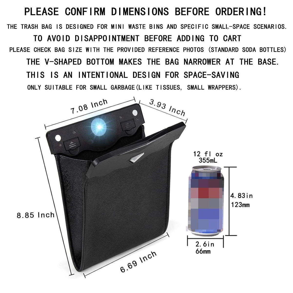 Smart LED Car Trash Can, Garbage Bag Passenger Side Back Seat Hanging