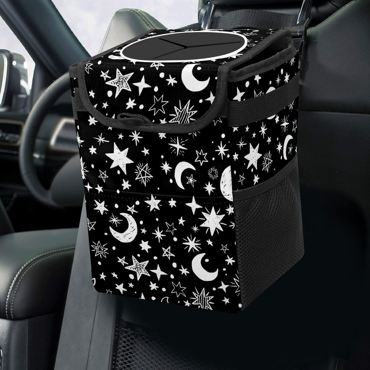 Gothic Moon Stars Boho Car Trash Can with Lid - Collapsible Reusable Waterproof Car Garbage Bag - Organizer