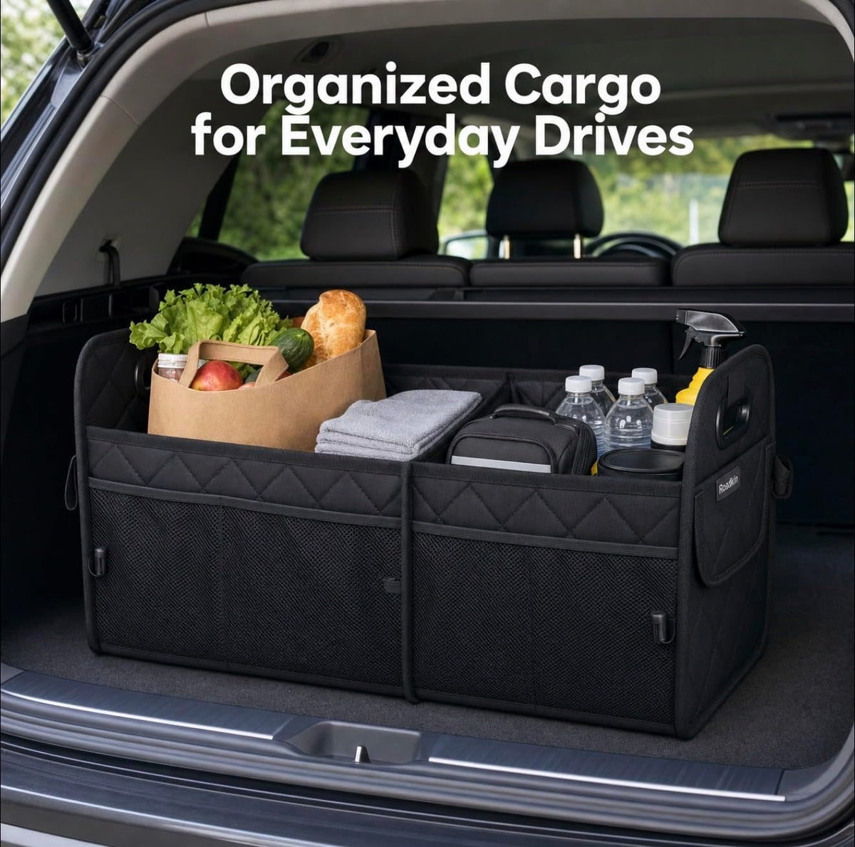 Car Organizer Caddy Oxford Quilted Trunk Organizer, Waterproof Storage Tote with Handles for Front Seat, Backseat, SUV, Truck, Van, Black